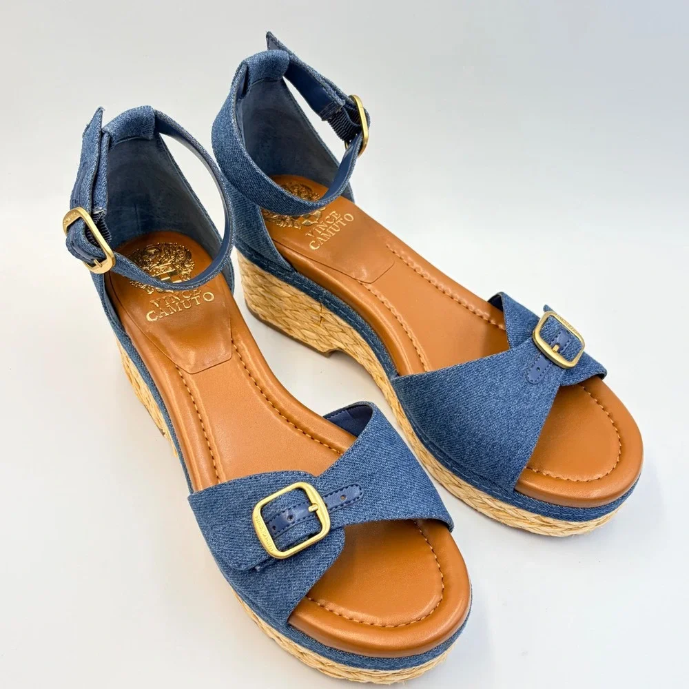 Vince Camuto Meterry Denim Espadrille Platform Sandals Blue Indigo Womens 9 Chic